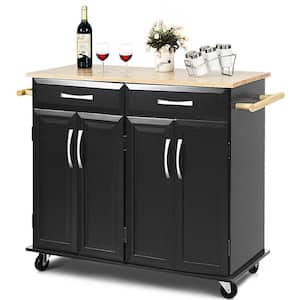 Black Kitchen Cart with Natural Wood Top and Cabinet Storage