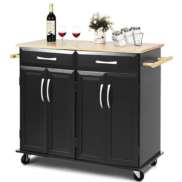 Costway Black Kitchen Cart with Natural Wood Top and Cabinet Storage