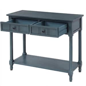 35 in Navy Rectangle Wood Console Table with Two Drawers and Bottom Shelf, Sofa Table for Entryway, Living Room