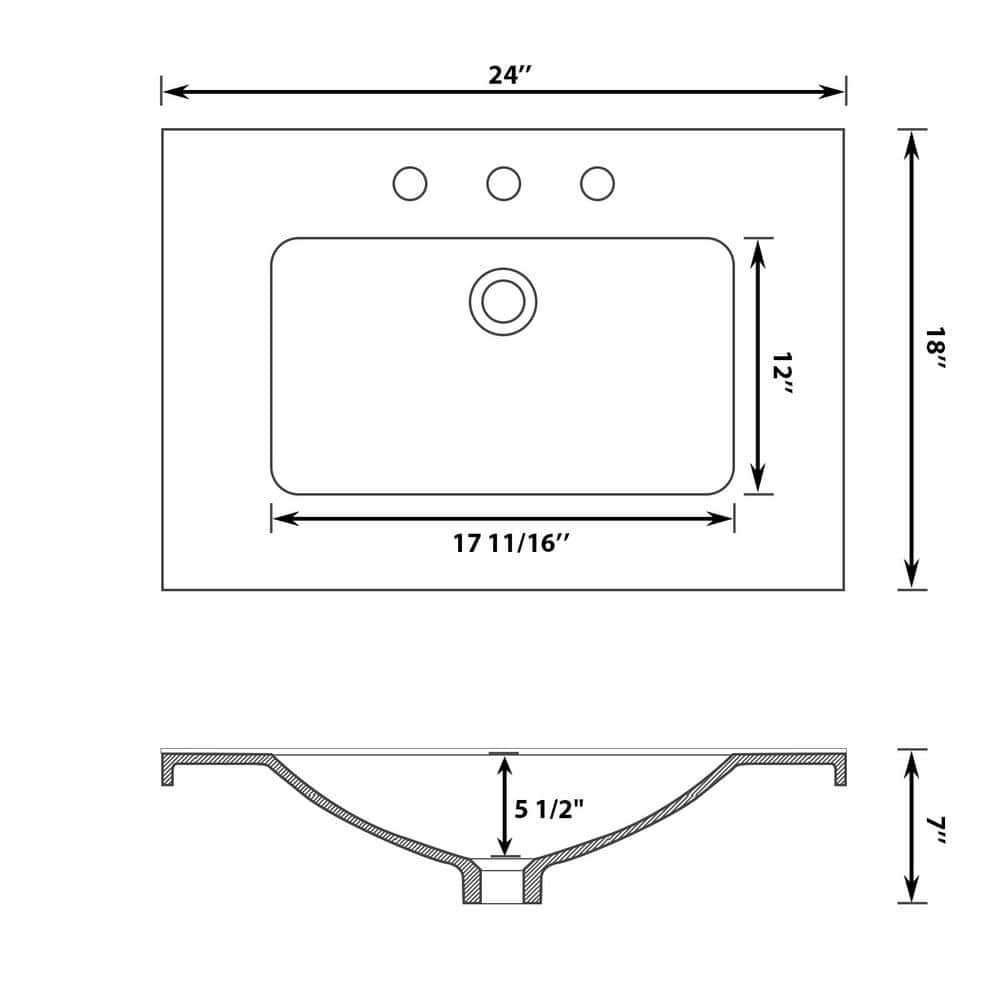 White Ceramic Rectangular Single Sink Vanity Top with 3 Faucet Holes