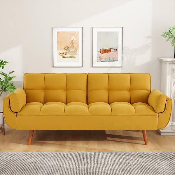 WONDER COMFORT 33 in. Yellow Linen Twin Size Futon Sofa Bed, Convertible Couch Sleeper with Reclining Split Tufted Back