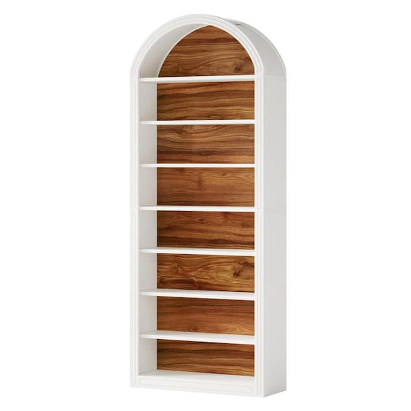 Eulas 79.53 in. Tall Brown and White Wood 8-Shelf Etagere Bookcase with Semi-Circular Top Design