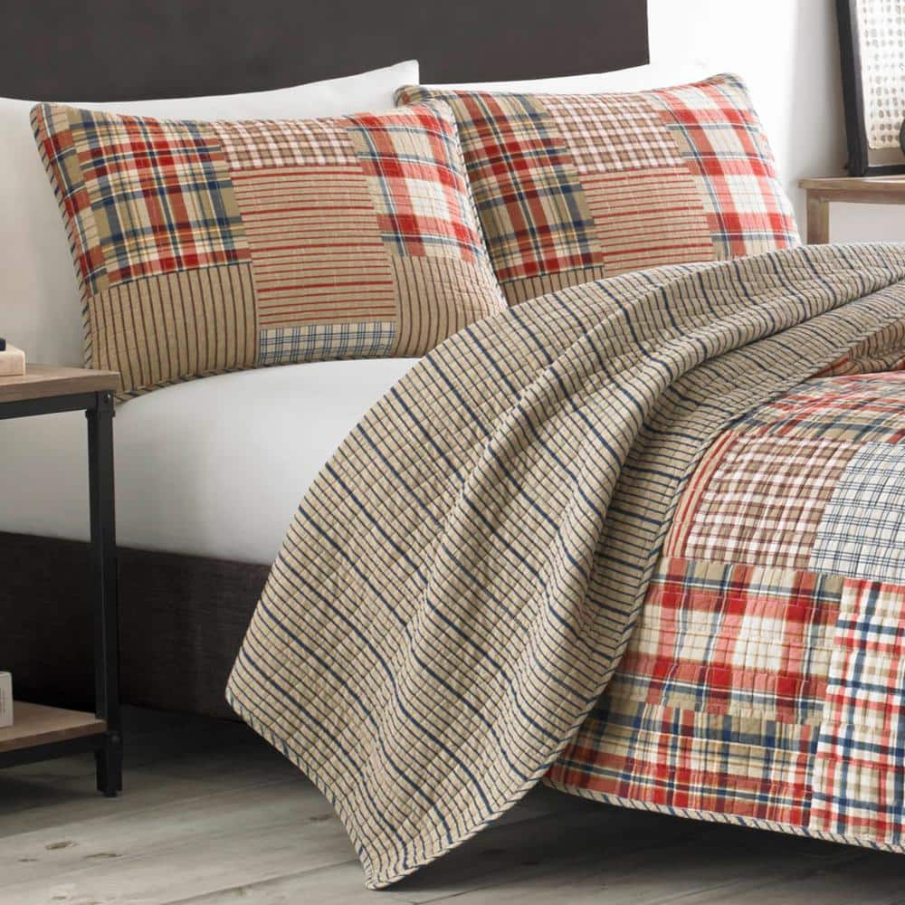 Brown Plaid Cotton Twin Reversible Quilt Set with Sham