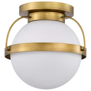 Lakeshore 10 in. 1-Light Natural Brass Transitional Flush Mount with White Opal Glass Shade and No Bulbs Included
