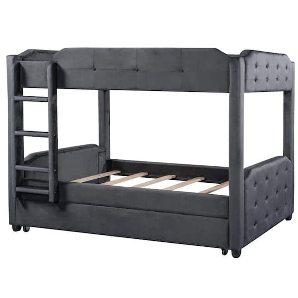 aisword Twin over Twin Upholstered Bunk Bed with Trundle, Headboard and Footboard Design - Gray
