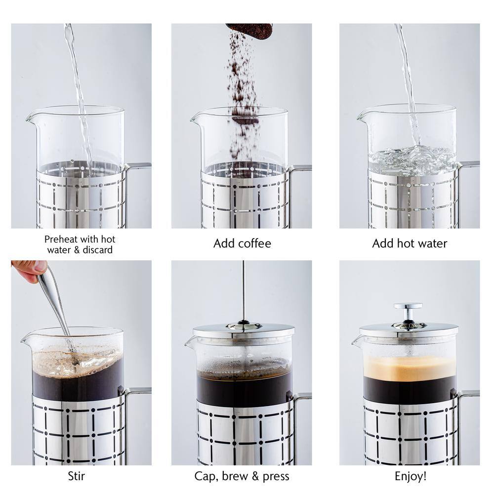 34 Ounce Silver Stainless Steel French Press Coffee Maker with Borosilicate Glass