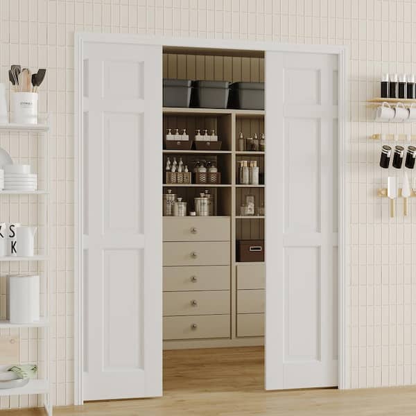 60 in. x 80 in. 6-Panel MDF White Primed, can be Painted Pre-Finished Door Panel Pocket Door Frame with All Hardware