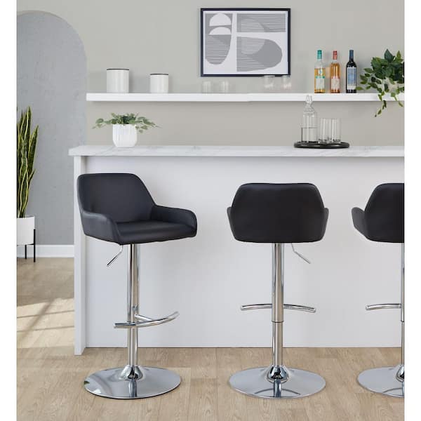 Lumisource Daniella 32.25 in. Black Faux Leather and Chrome Metal Adjustable Bar Stool with Rounded T Footrest (Set of 2)