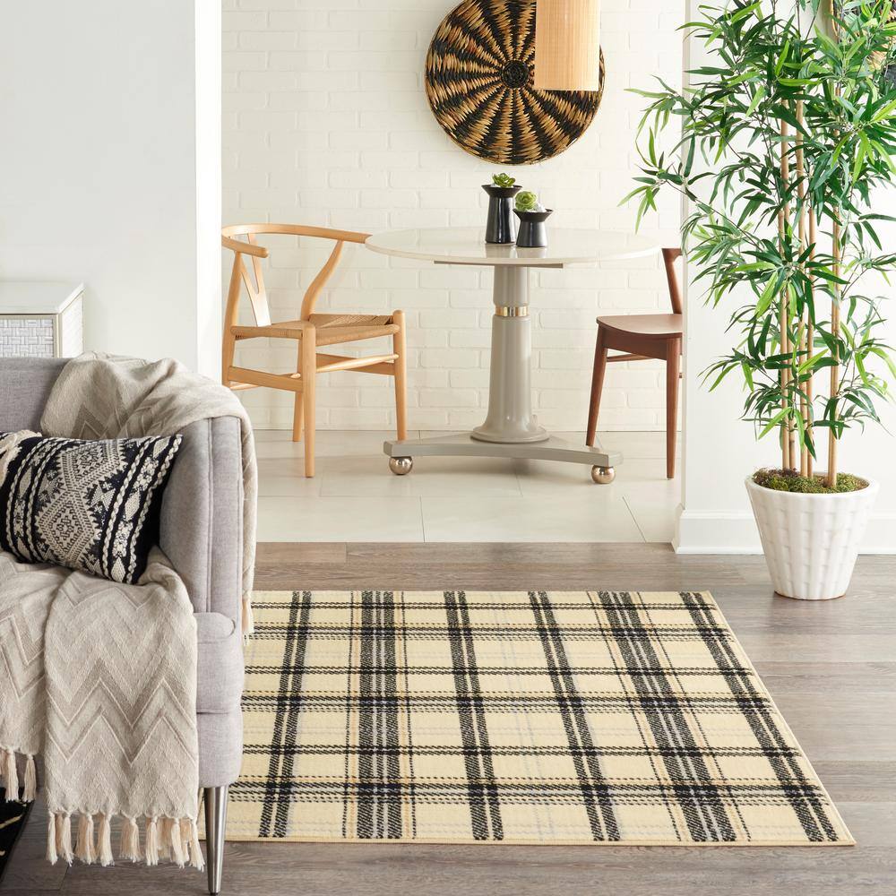 Handmade Cream & Black Plaid 5' x 7' Synthetic Area Rug