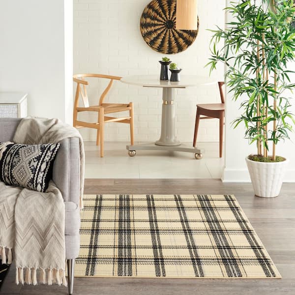 Grafix Cream/Black 5 ft. x 7 ft. Geometric Plaid Modern Area Rug