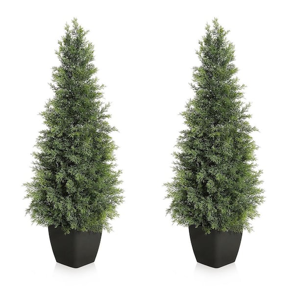 Unbranded 3 ft. 36 in. Tall Faux Cedar Trees, Set of 2 Artificial Topiary Tree in pot, Potted Fake Cypress Plant for Porch Decor