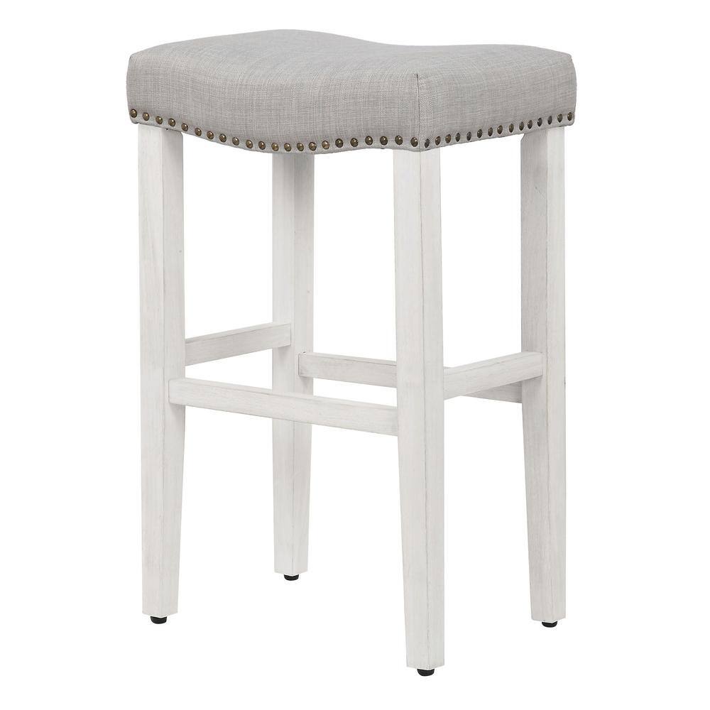 29" Antique White and Gray Upholstered Saddle Seat Counter Stool