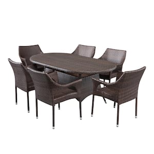 Jonathan Multi-Brown 7-Piece Faux Rattan Outdoor Dining Set with Stacking Chairs