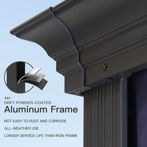10 ft. x 12 ft. Gray Aluminum Power-Coated Frame Galvanized Steel Double Roof Hardtop Gazebo, Hooks, Blue Curtain