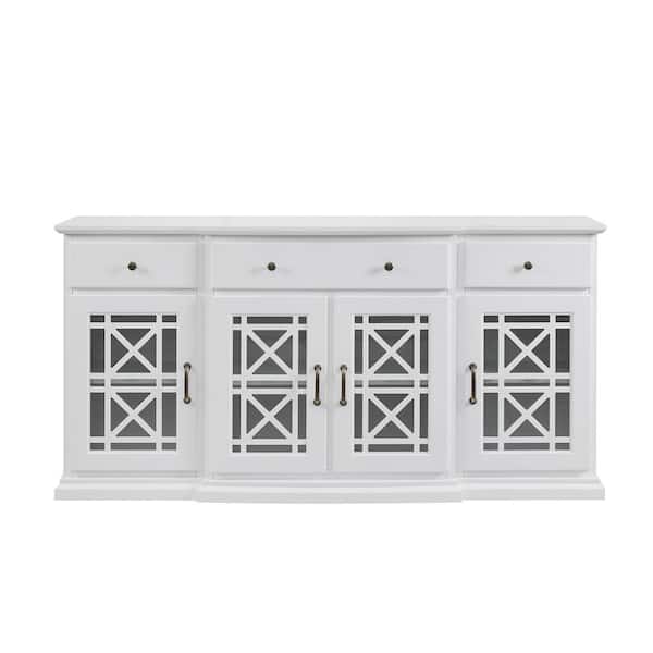 Walker Edison Furniture Company Landon Fretwork 60 in. White 4-Door Sideboard with 3-Drawers