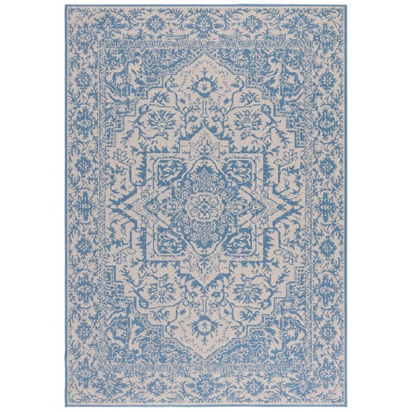 Martha Stewart 7 ft. x 9 ft. Cream/Blue Border Medallion Indoor/Outdoor Area Rug