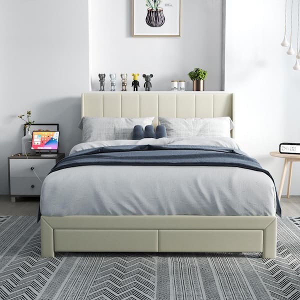 SUMMIT Queen Beige Upholstered Platform Bed with Wingback Headboardand, Metal Frame, Charging Ports and Storage Drawer