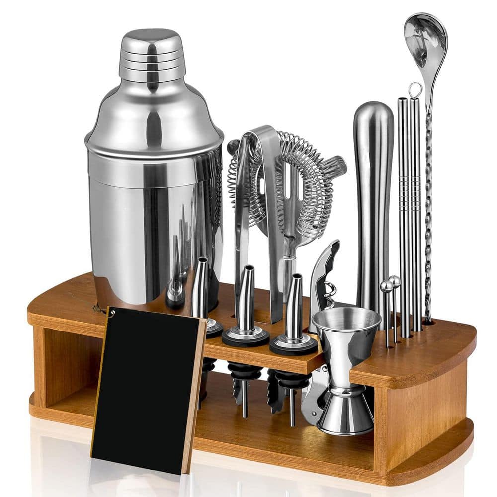 Wudkey Silver 24 oz. Cocktail Shaker Set Bartender Kit with Stand