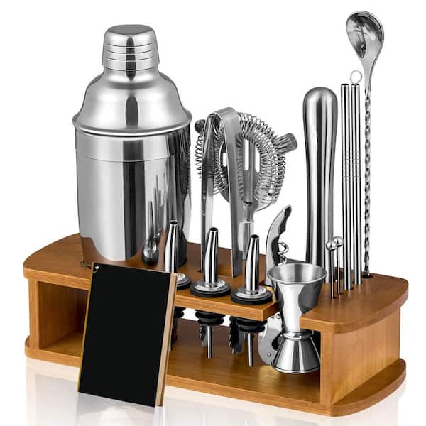 Silver 24 oz. Cocktail Shaker Set Bartender Kit with Stand Martini Shaker, Jigger, Strainer, Muddler Liquor Pourer
