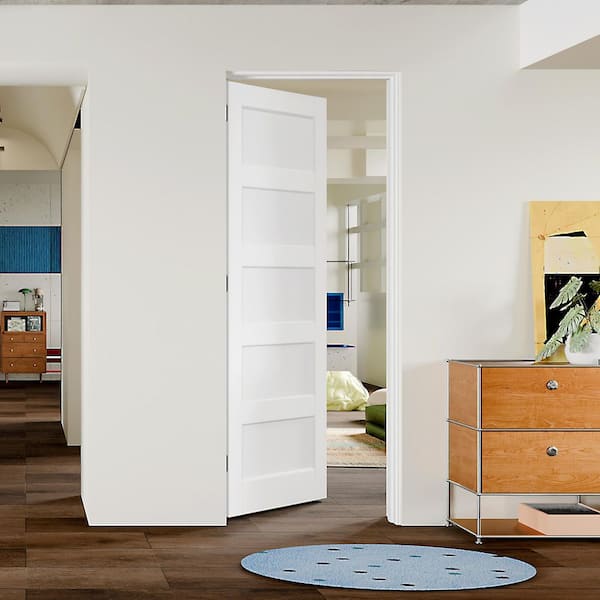 32 in. x 80 in. 5-Panel, White Primed, Solid Wood & MDF Prehung Interior Door Left-Handed with Door Jamb and Hardware