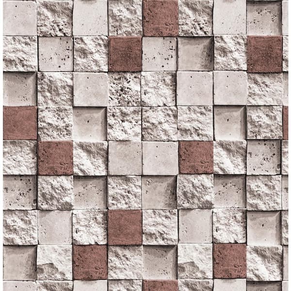 Dundee Deco Falkirk Ophia Square Bricks Beige, Dark Red Vinyl Peelable Roll (Covers 57 sq. ft.)