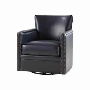 Amparo Navy 29 in. W Contemporary Genuine Leather Swivel Chair with Nailhead Trim Arm