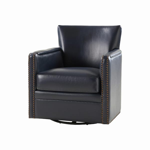 Amparo Navy 29 in. W Contemporary Genuine Leather Swivel Chair with Nailhead Trim Arm