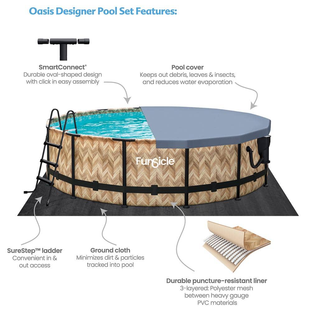 14ft Round Oak Herringbone Metal Frame Pool with Filter Pump