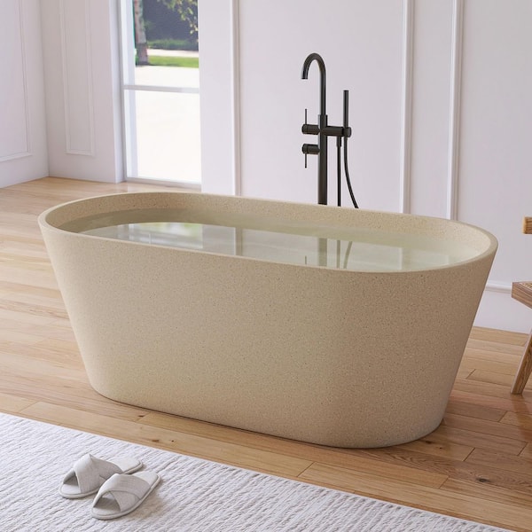 59 in. x 29 in. Terrazzo Stone Solid Surface Flatbottom Freestanding Soaking Bathtub in Beige (Outdoor-Compatible)