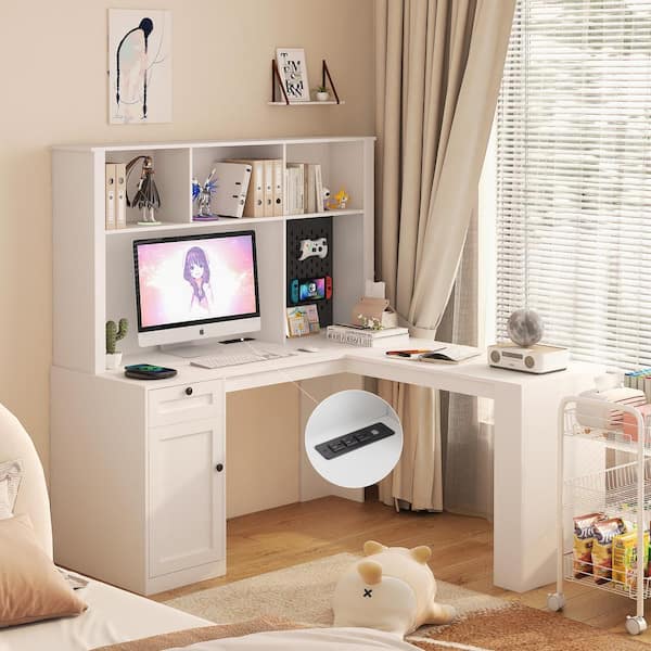 59.4 in. L-Shaped White MDF 1-Drawer Corner Computer Desk with Power Outlet and Bookshelf Study Table Writing Desk