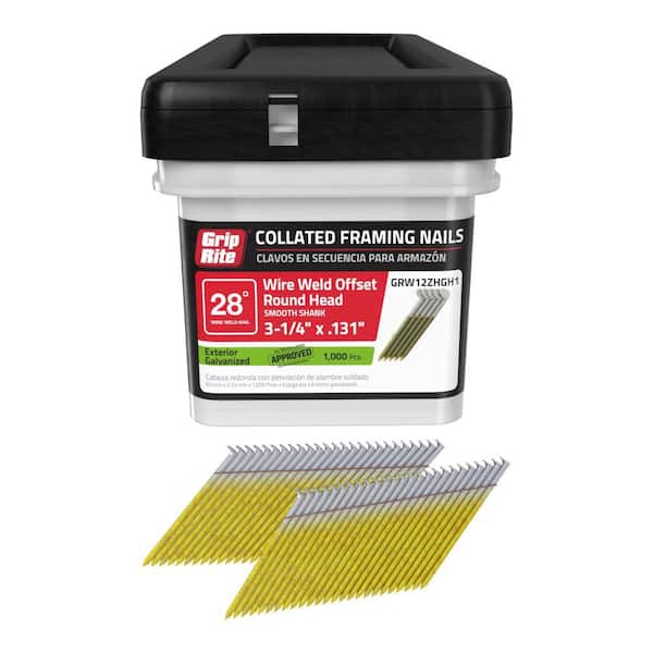 Grip-Rite 3-1/4 in. x 0.131 in. 28° Wire Collated Exterior Galvanized Offset Round Head Smooth Shank Framing Nails 1000 per Box