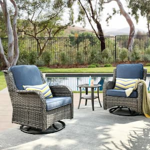 Oreille Grey 3-Piece Wicker Outdoor Patio Conversation Swivel Chair Set with a Side Table and Denim Blue Cushions