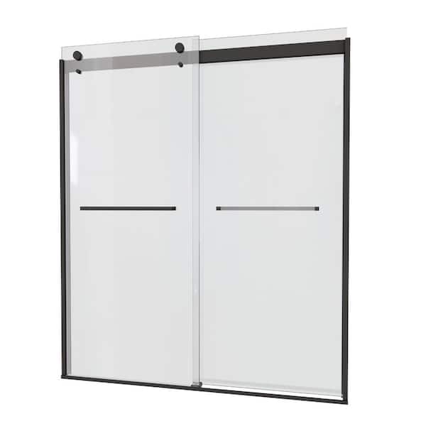 Unbranded 60 in. W x 74 in. H Semi Frameless Double Sliding Shower Door in Matt Black with Clear Tampered Glass