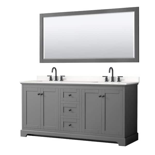 Wyndham Collection Avery 72 in. W x 22 in. D x 35 in. H Double Bath Vanity in Dark Gray with White Quartz Top and 70 in. Mirror