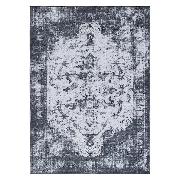 World Rug Gallery Black 8 ft. 4 in. x 11 ft. 6 in. Vintage Distressed Medallion Machine WashableArea Rug