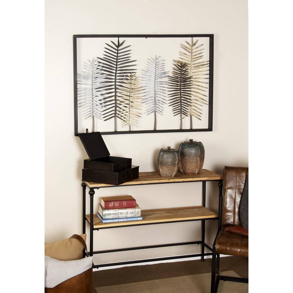 Modern Black and Gold Metal Leaf Wall Sculpture with Frame