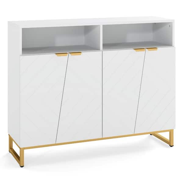 Modern Sideboard Cabinet with 4 Doors 2 Open Shelves 3-Level Adjustable Shelving Golden Handles