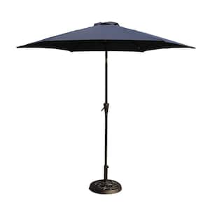 8.8 ft. Navy Blue Aluminum Outdoor Patio Umbrella with Round Resin Umbrella Base, Push Button Tilt and Crank lift