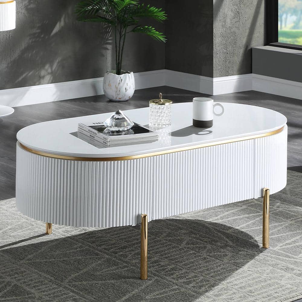 White and Gold Oval Wood Coffee Table with Metal Legs