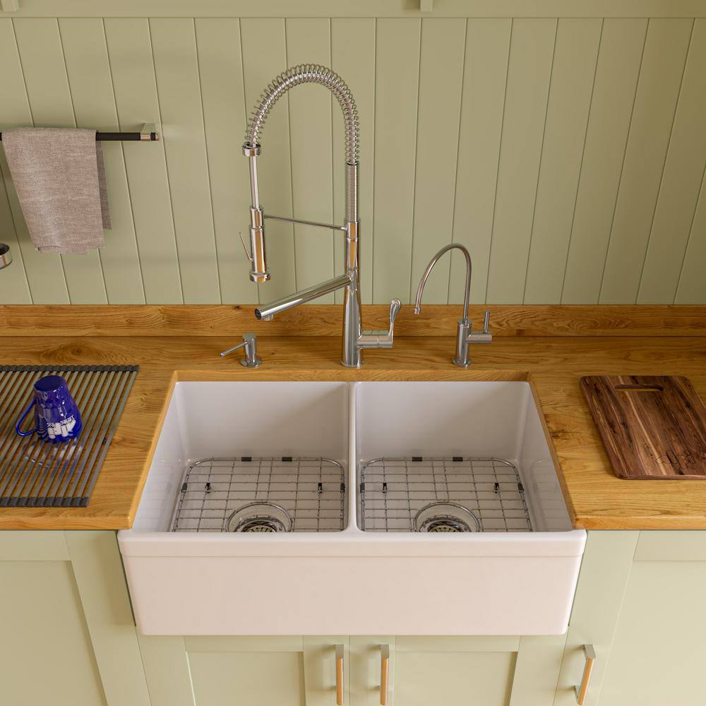 White 32" Double Bowl Fireclay Farmhouse Kitchen Sink
