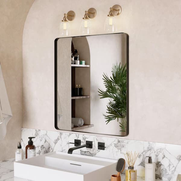 36 in. W x 32 in. H Rectangular Rounded corner Aluminum Framed Wall Mounted Bathroom Vanity Mirror in Black