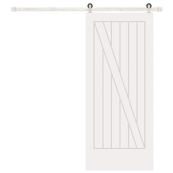 Pacific Entries 42 in. x 84 in. Cottage Z-Plank unfinished Prime Solid Pine Wood Interior Sliding Barn Door with Satin Nickel Hardware