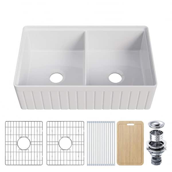 33 in. Farmhouse/Apron-Front 50/50 Double Bowl White Fireclay Kitchen Sink with Workstation,Cutting Board,Grid, Strainer