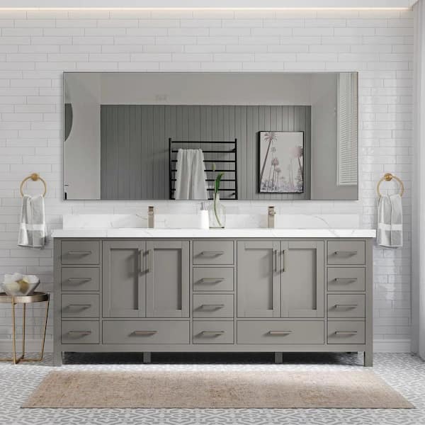 84 in. W x 36 in. H Rectangular Framed Anti-Fog Dimmable Backlit LED Wall Bathroom Vanity Mirror in Gun Gray Metal
