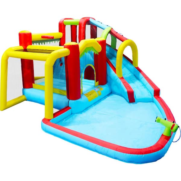 7-in-1 Inflatable Slide Water Park Bouncing House Outdoor Soccer Bouncer Splash Pool Water Gun Climbing Wall