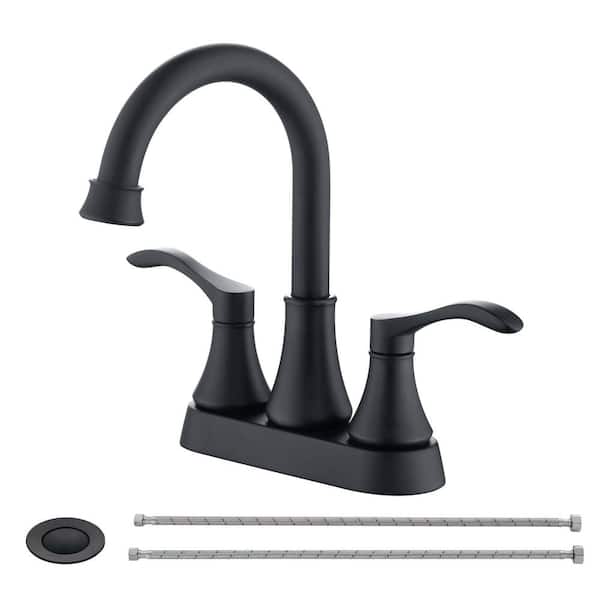 UPIKER Modern 4 in. Centerset Double Handle High Arc Bathroom Faucet with Drain Kit Included in Matte Black