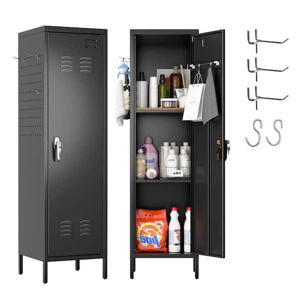 Metal Freestanding Cabinet 55 in. H x 15 in. W x 15 in. D Steel Locker w/ Towel Rack and Side Pegboards, Hooks in Black