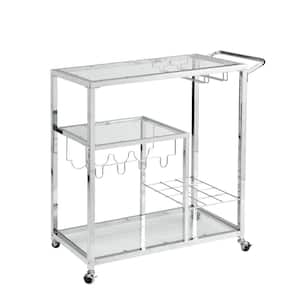 Contemporary Silver Chrome Bar Serving Cart Kitchen Cart with Metal Frame and Tempered Glass Wine Storage