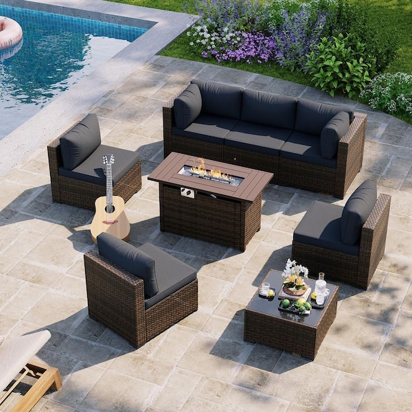Brown 8-Piece Wicker Outdoor Patio Conversation Set with Gray Cushions, Patio Sectional Set with Fire Pit Table