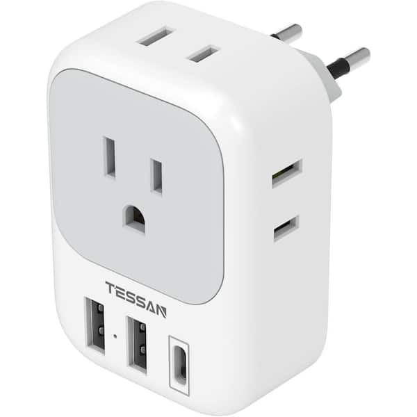 4-Outlet European Travel Plug Adapter with USB Port in White
